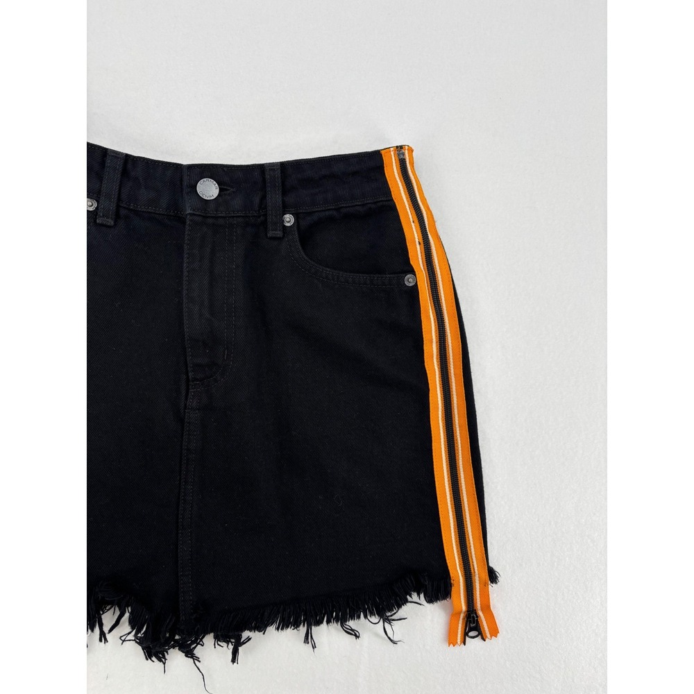 Carmar Denim Mini Skirt Womens 26 Black Orange Racing‎ Stripe Side Zip Raw Hem - Picture 3 of 12